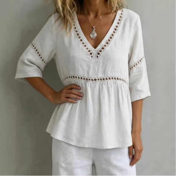 Solid-color V-neck Hollow-out Casual Fringed Top 