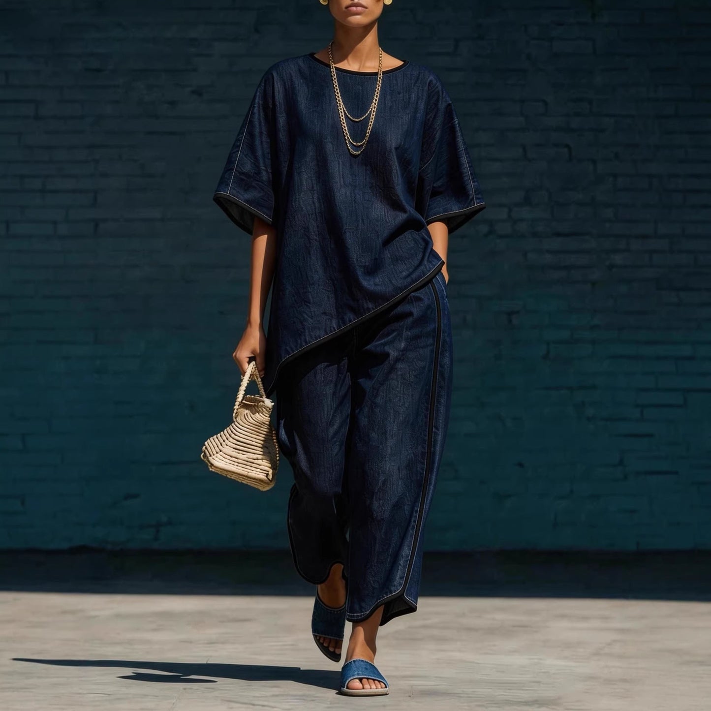 Elegant Casual Denim-Style Loose Wide-Leg Pants Two-Piece Set 