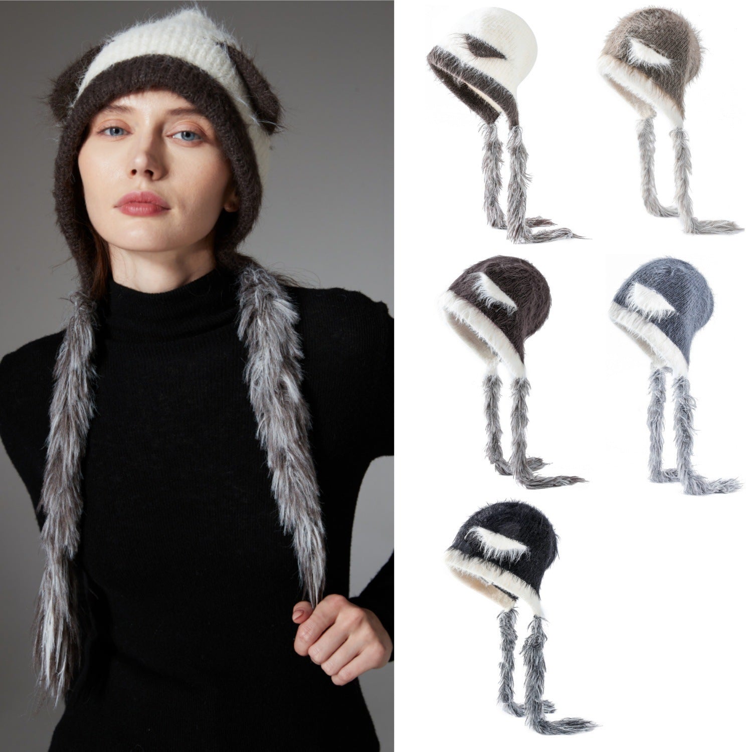 Cat Ears Mink Wool Ear Protection Color Matching Woven Hat Knitted Hat CJ