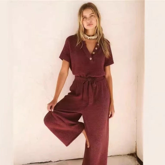 New Womens V-neck Buttoned Short-sleeve Wide-leg Pants With A Tie 