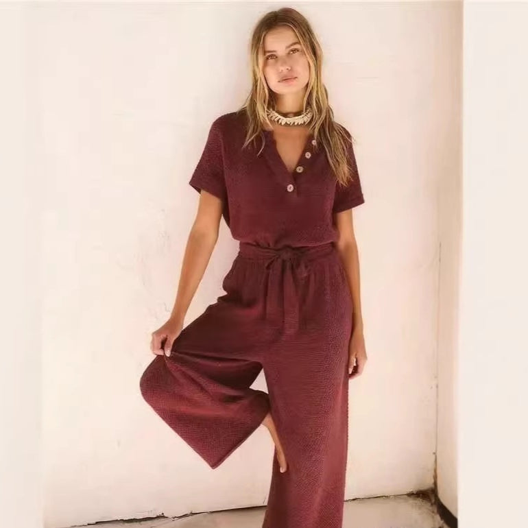 New Womens V-neck Buttoned Short-sleeve Wide-leg Pants With A Tie 