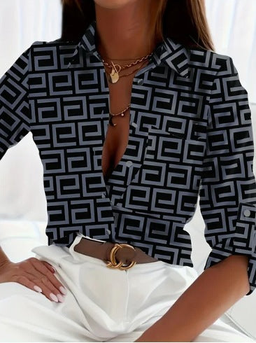 Women’s Stripe Print Long-Sleeve Blouse 
