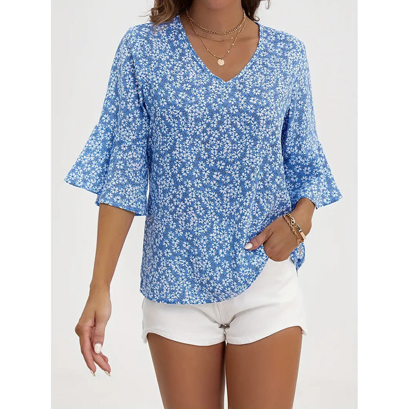 Womens Summer Floral Print Blouses V-Neck Flare Sleeve Tops CJ US