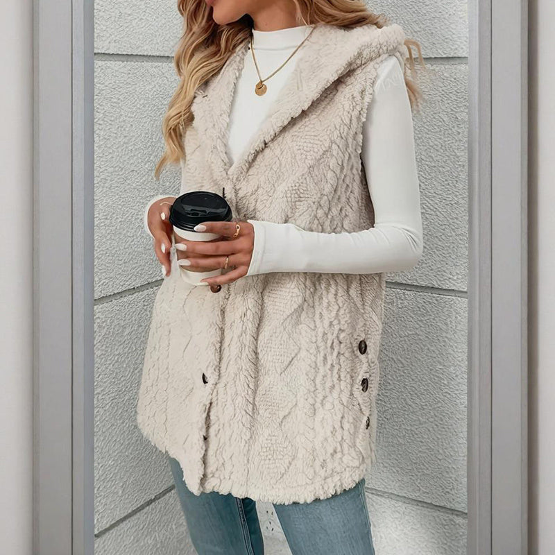 Women's Textured Sleeveless Hooded Vest, Button-Front Layering Piece For Fall & Winter Outfits CJ US