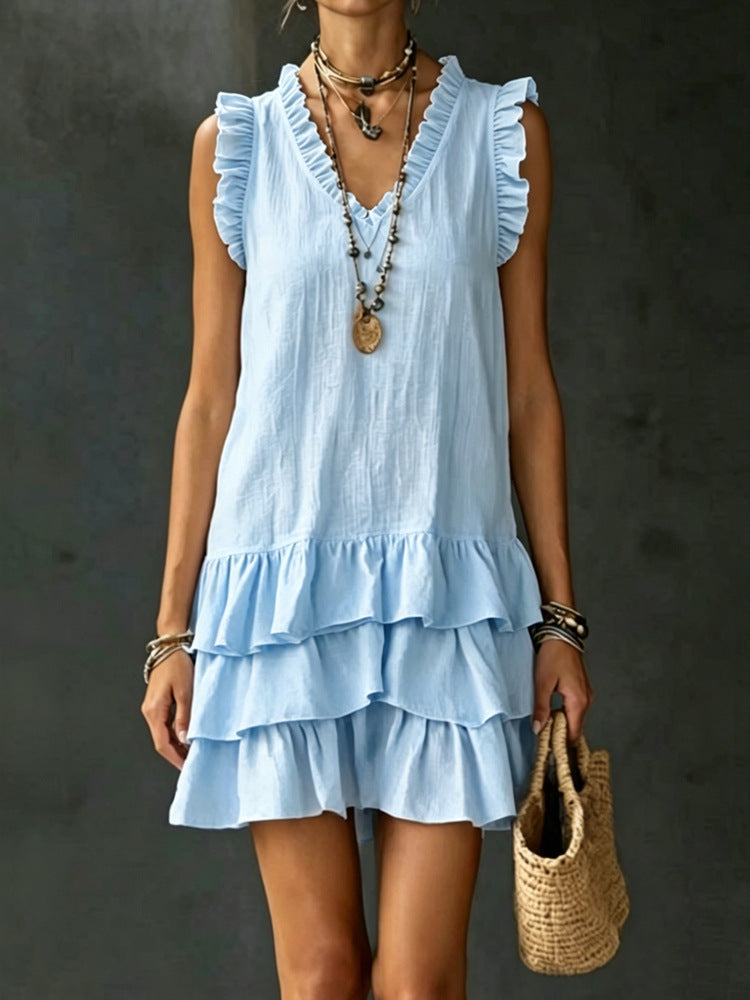 Women's Casual V-Neck Ruffle-Trim Sleeveless Dress 