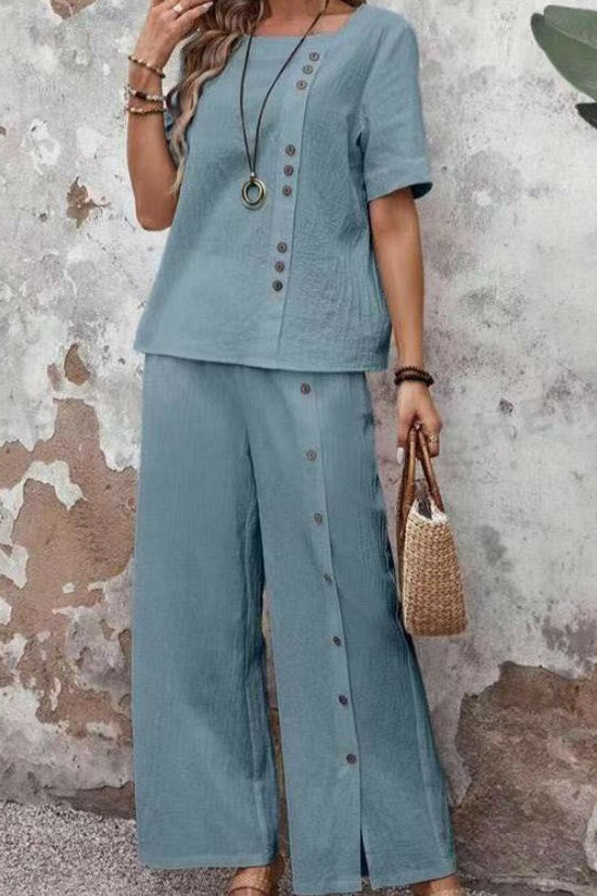 Two-piece Short-sleeve Button-up Top Loose-fit Womens Outfit 