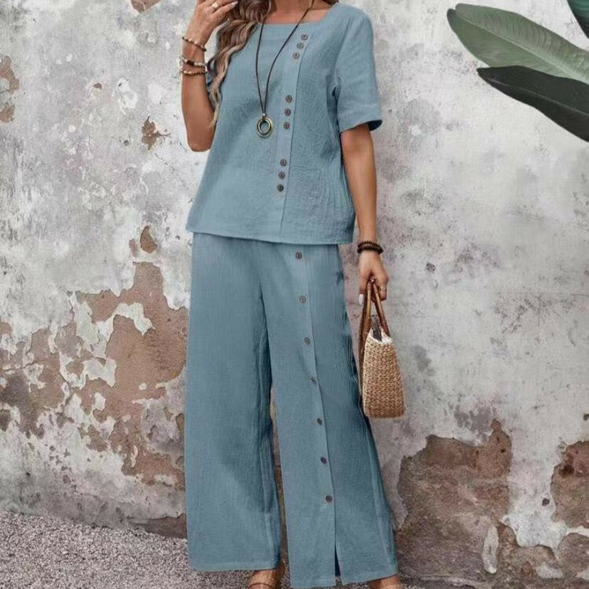 Two-piece Short-sleeve Button-up Top Loose-fit Womens Outfit 