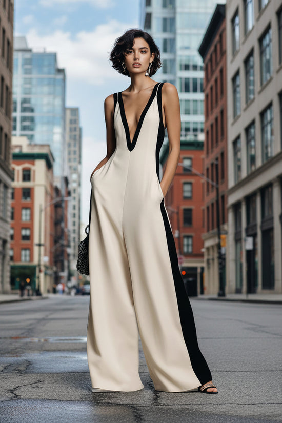 Sleeveless Womens V-Neck Contrasting Color Wide-Leg Jumpsuit 