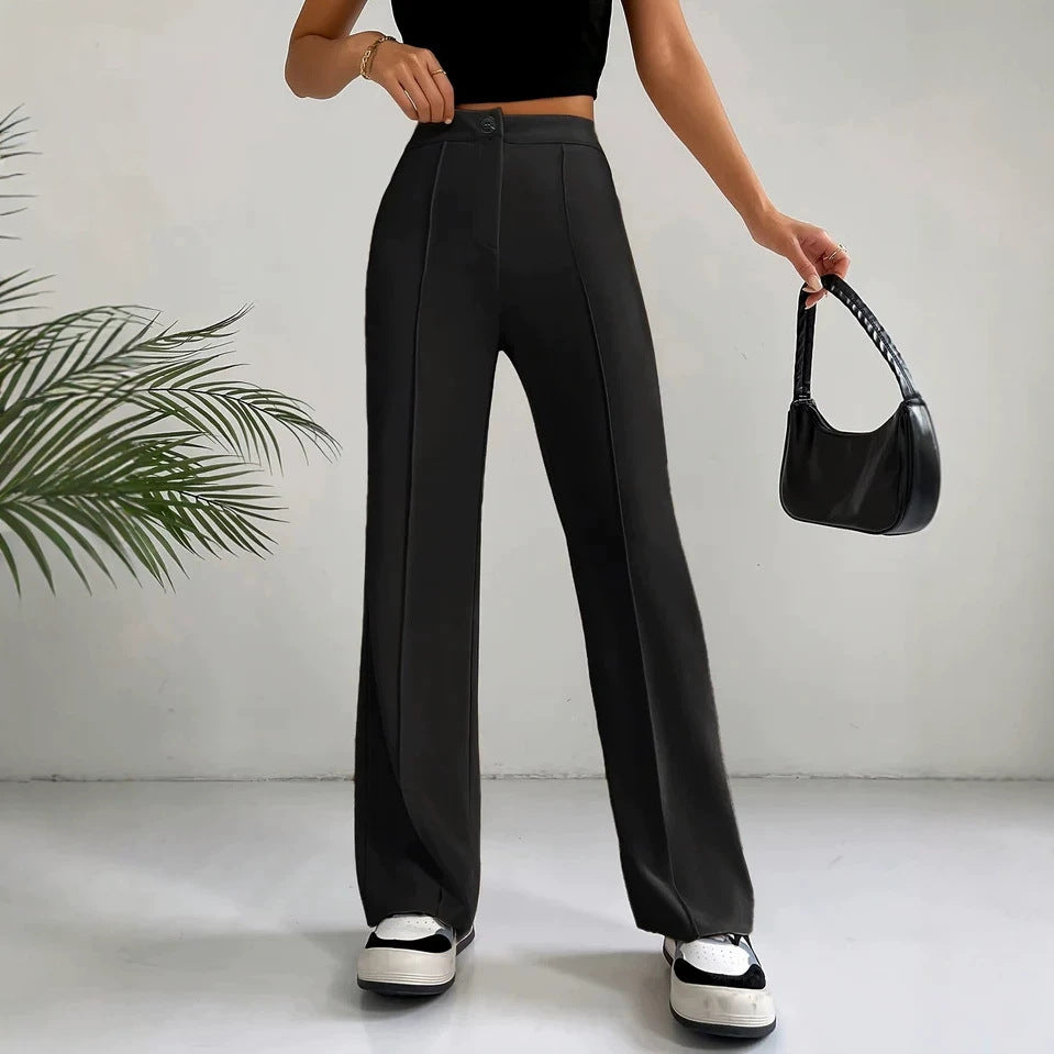 Womens Straight Flare Pants With High-Waisted Stitching Details 