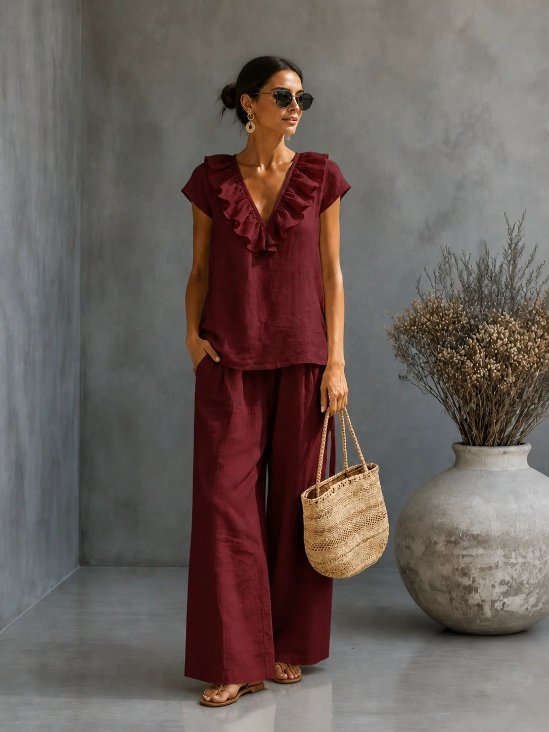 Women's V-neck Ruffled Hem Wide-leg Pants Set 