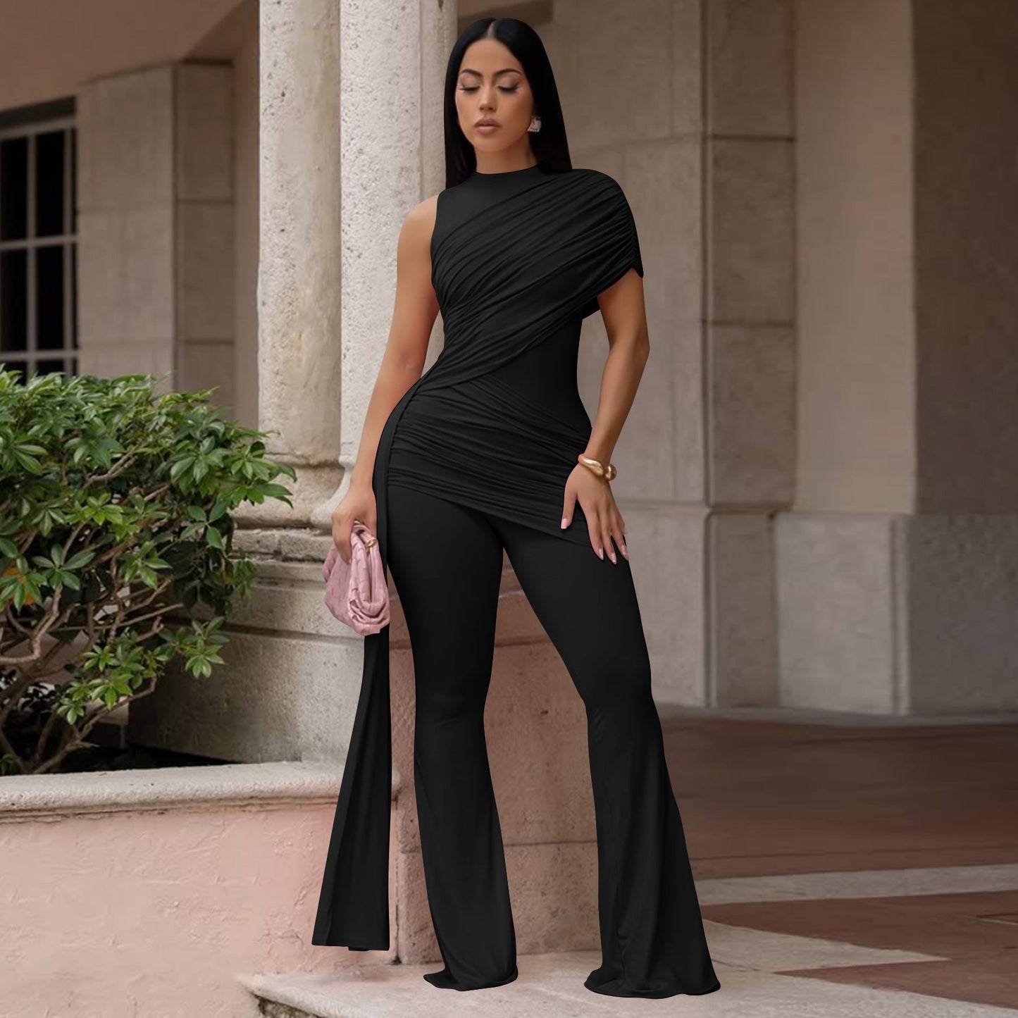 Sexy Crew-Neck Pleated Ribbon Jumpsuit 
