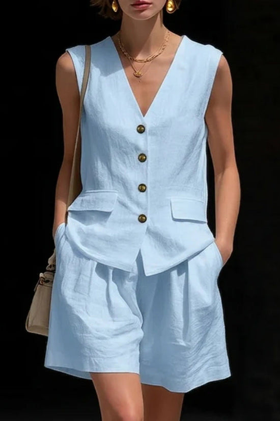 Womens Simple Elegant Cotton-Linen Vest Top And Shorts Two-Piece Set 