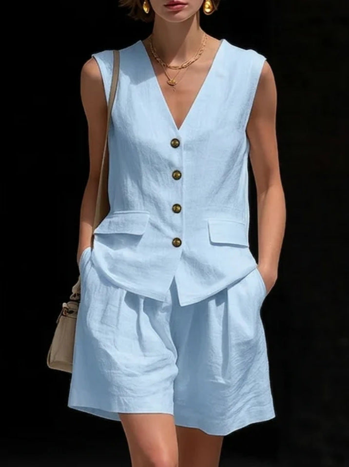 Womens Simple Elegant Cotton-Linen Vest Top And Shorts Two-Piece Set 