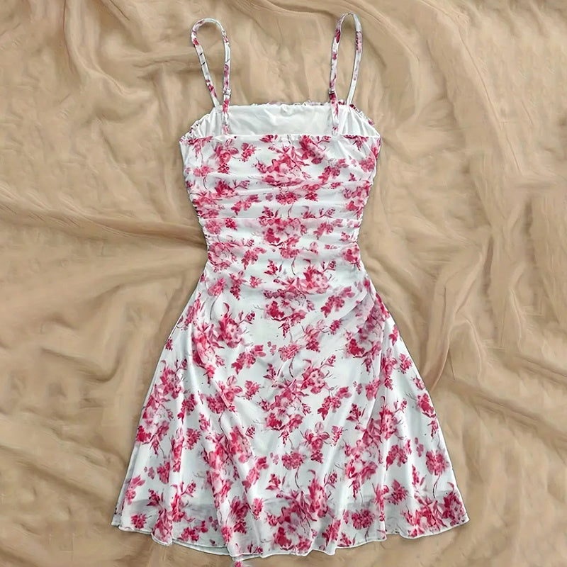 Boho Floral Spaghetti Strap Mini Dress – Ruched Ruffle Hem Vacation Sundress CJ
