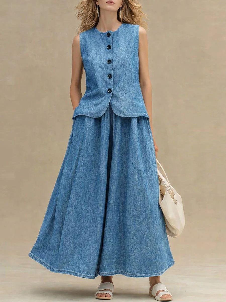 Womens Crew-Neck Denim Top And High-Waist A-Line Skirt Denim Set 