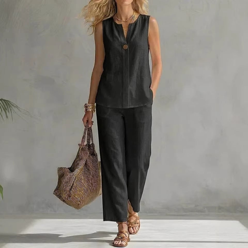 Casual Womens Sleeveless V-Neck Top Set 