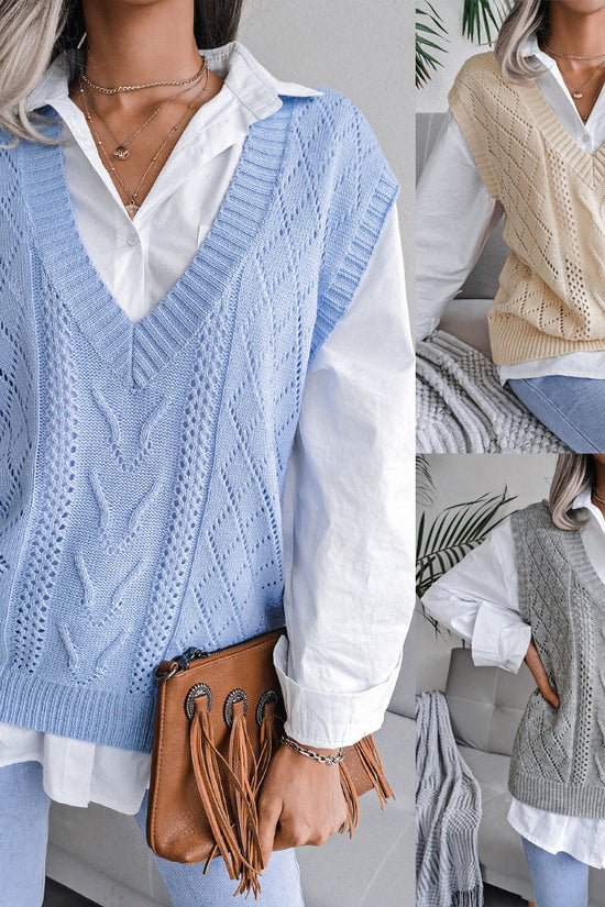 Hollowed-out Twisted V-neck Knitted Vest Sweater For Women CJ US