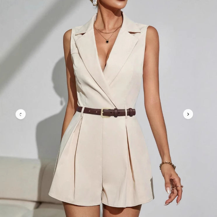 Elegant Commuter Pleated Short-Style Wide-Leg Jumpsuit 