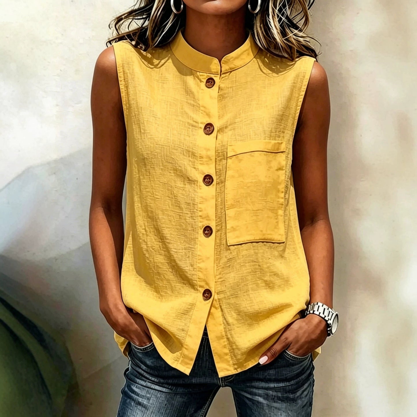 Fashionable Casual Solid-color Top With Buttoned Pockets 