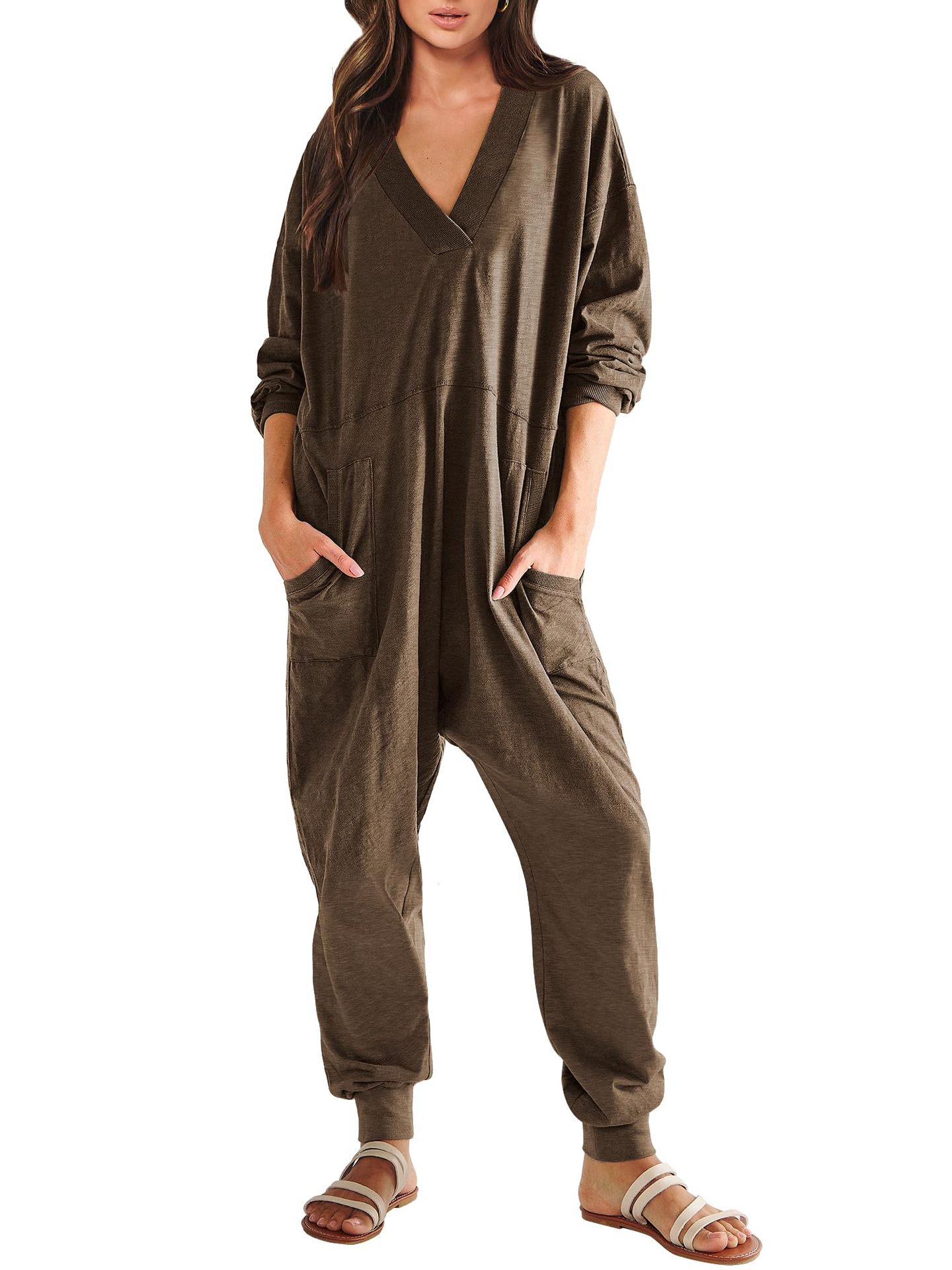 Women's V-neck Long Sleeve Solid Color Loose Jumpsuit With Two Side Pockets 