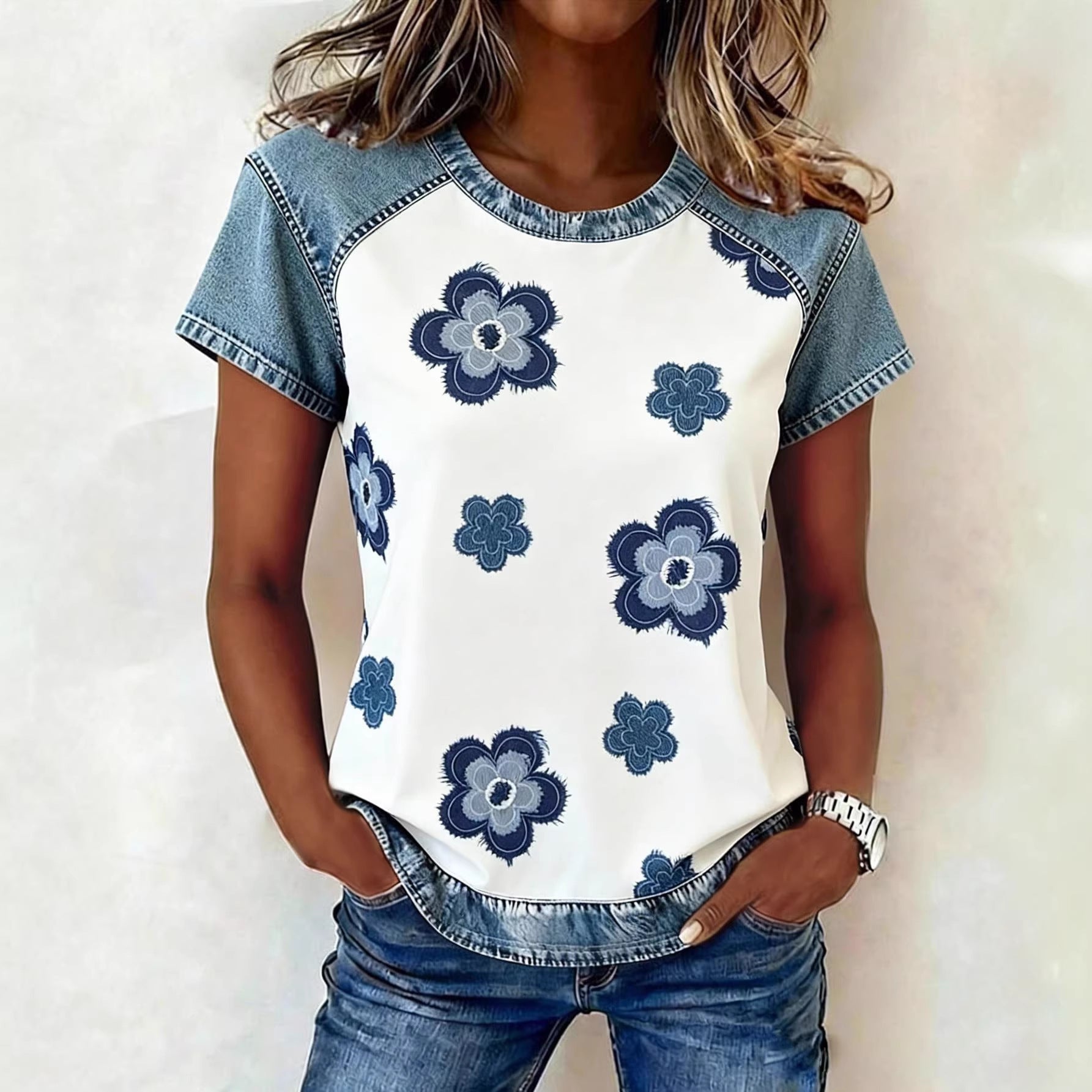 Women's Retro Denim Patchwork Short-Sleeve Shirt – Loose Fit 
