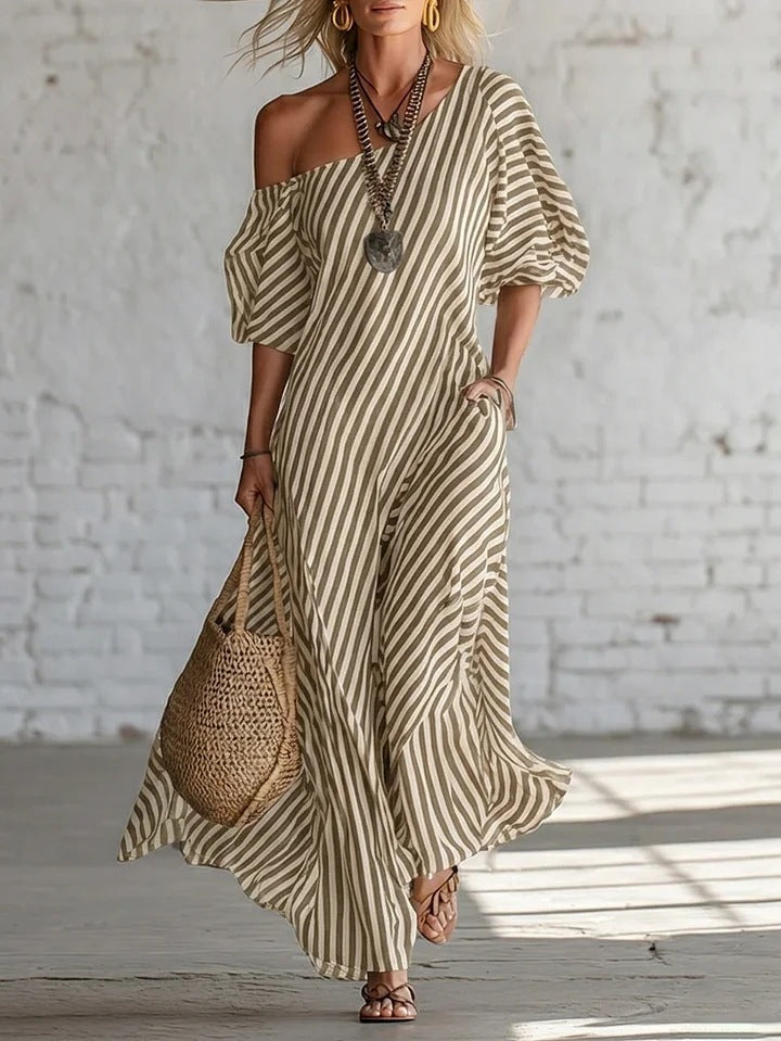 Womens Striped Off-shoulder Dress 