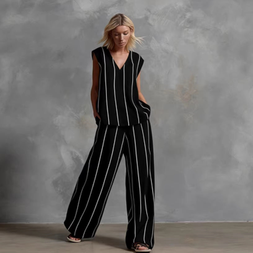 French Minimalist Black And White Vertical Stripe Loose Cotton-Linen Womens Set 