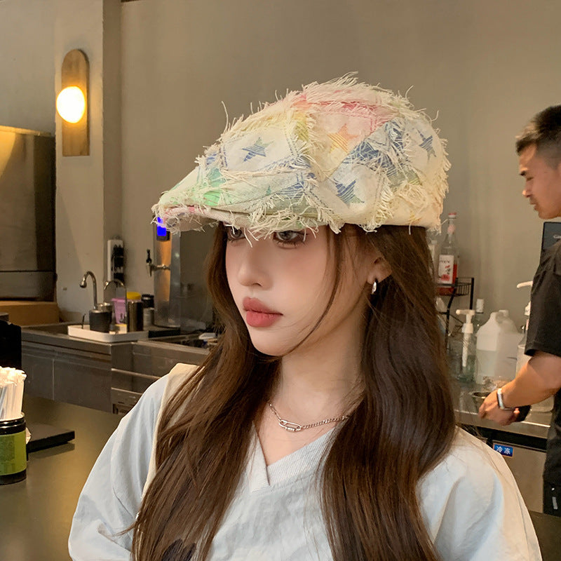 Colorful Plaid Five-pointed Star Advance Hats Women's Korean-style Anti-wear Distressed Edging Beret CJ