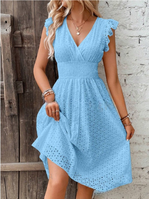 Waisted V-Neck Lace Midi Dress 