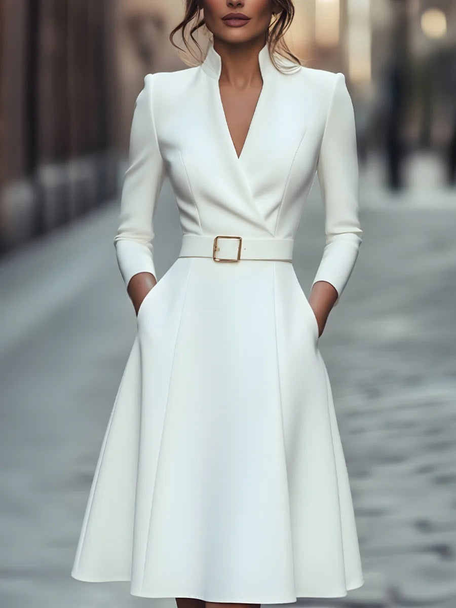 Solid Color Waist V-Neck Long Sleeve Swing Dress, Women's Autumn Winter Dress 