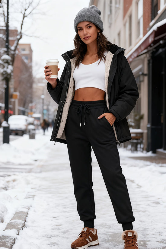 Women's Fleece Sweatpants Jogger Fleece Pants With Drawstring Waist, Boyfriend Style, Long, Solid Color, Slightly Stretchy Fabric 