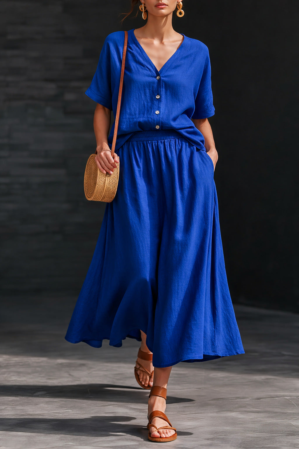 Cotton-linen V-neck Button-up Short-sleeve Top And Skirt Set 