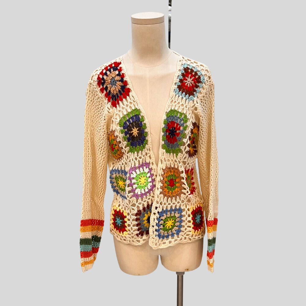 Hand-crocheted Floral Sweater With Random Color Blocks 