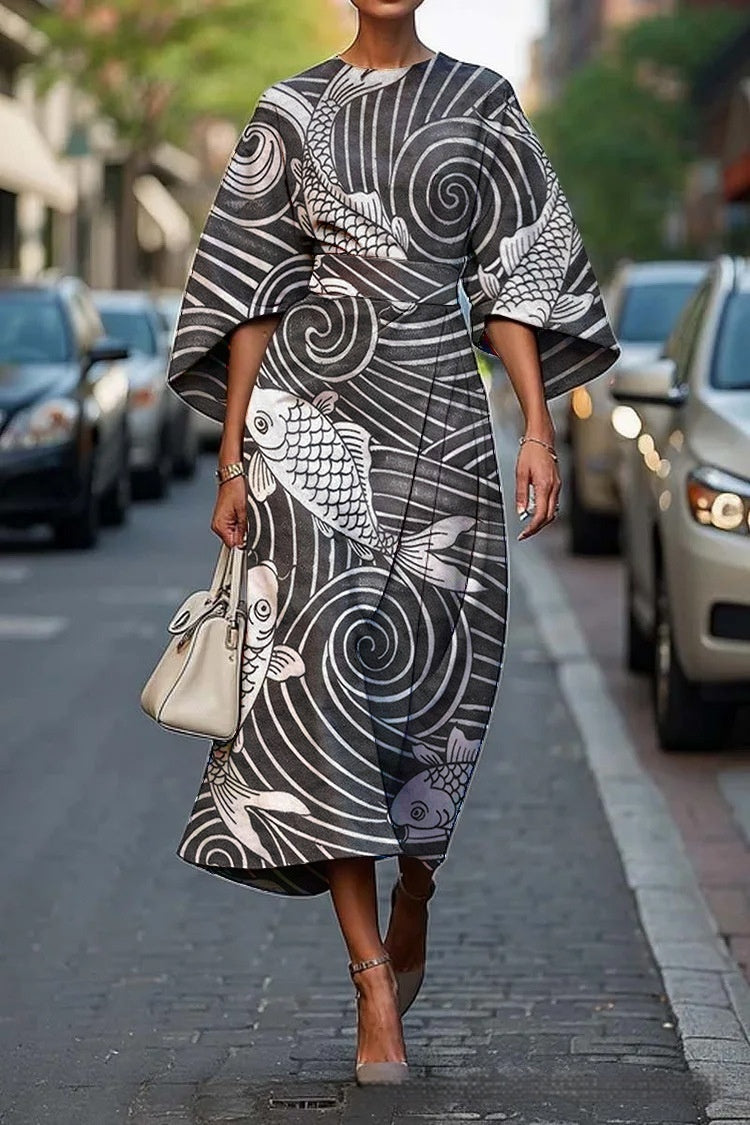 Women's Elegant Geometric Print Batwing Sleeve Round Neck Maxi Dress 