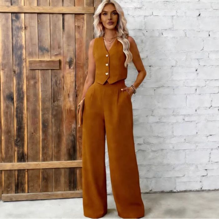 Womens Fashion Plus-Size Buttoned Vest Set 