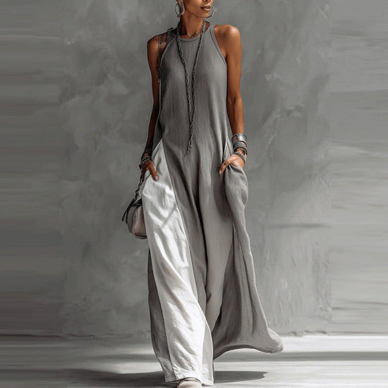 Sleeveless Loose Contrast Color Casual Off Shoulder Dress With Pockets 