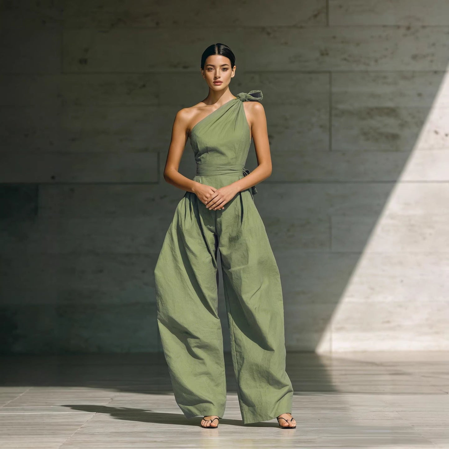 Loose-fitting Sleeveless Off-shoulder Belted Jumpsuit 