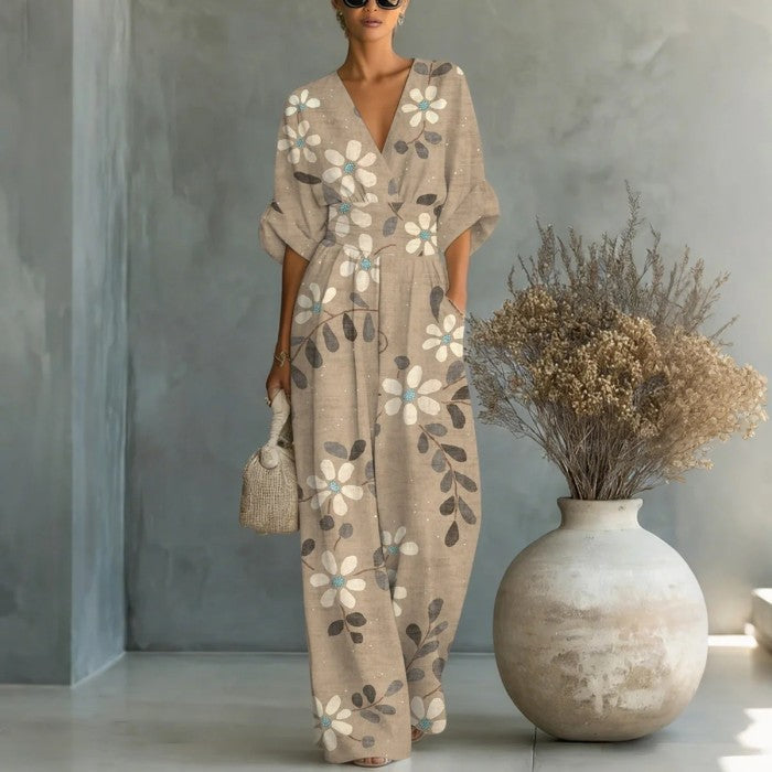 Waist-cinched V-neck Printed Womens Jumpsuit 