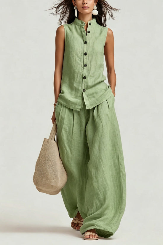 Womens Casual Cotton-Linen Sleeveless Crew-Neck Vest Top And Pants Two-Piece Set 