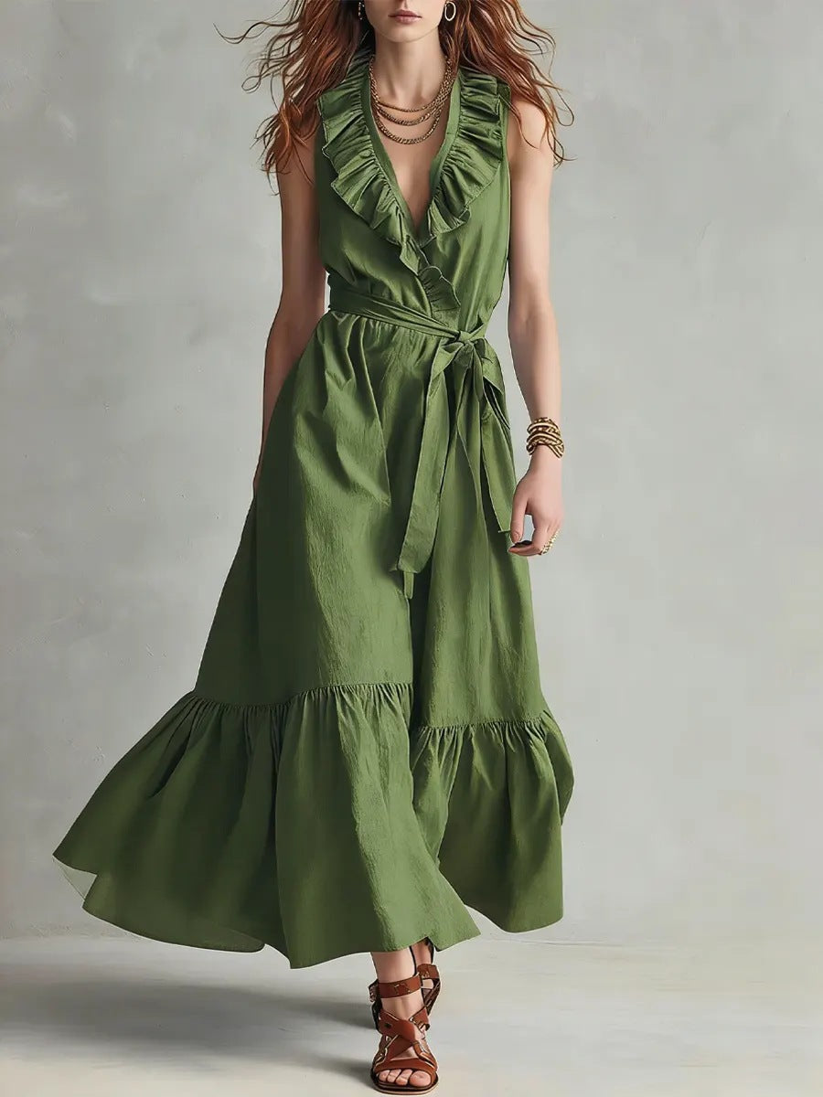 V-neck Sleeveless Lace-Up Panelled Dress 