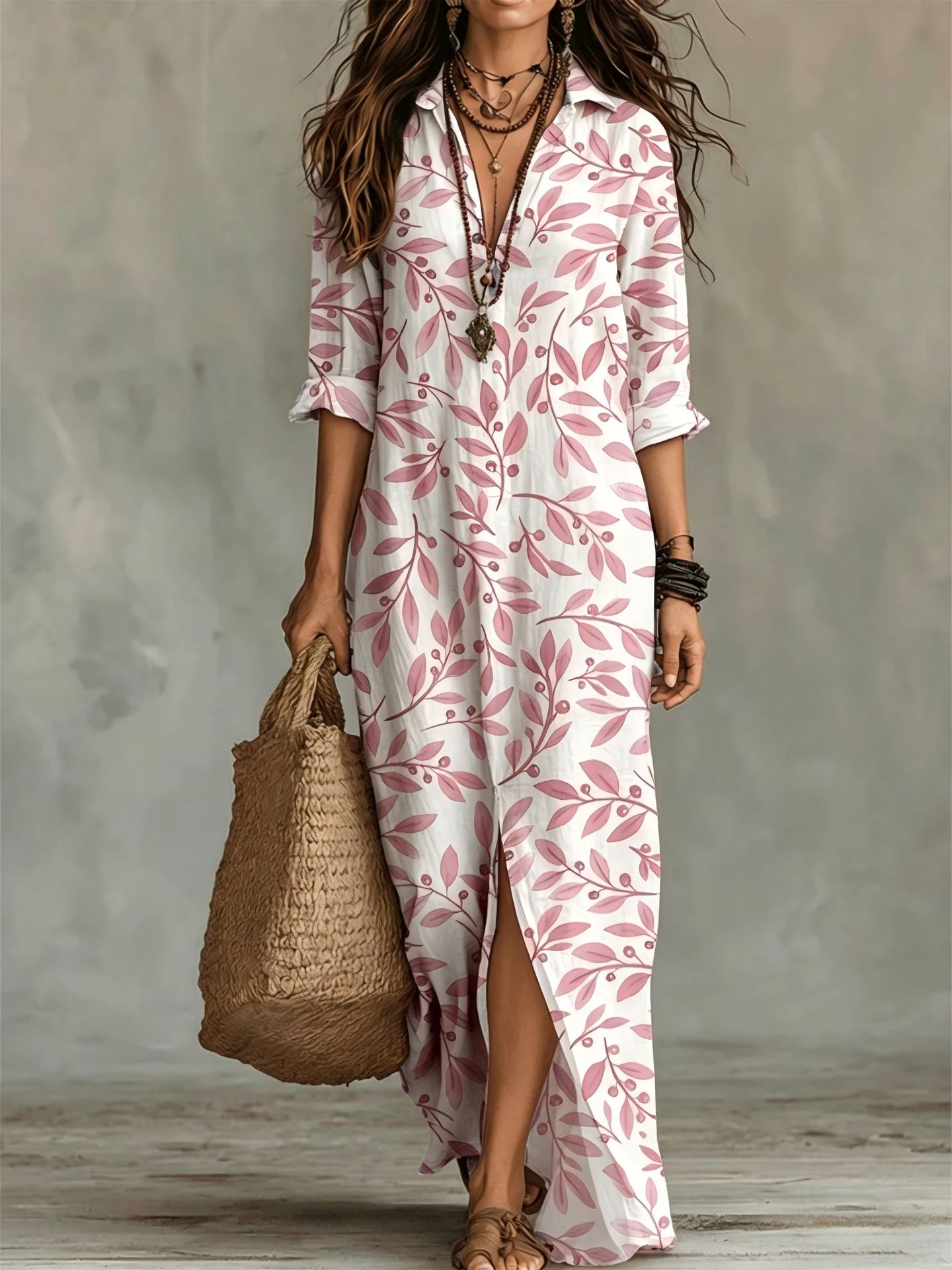 Casual Lapel-Neck Long Digital-Print Womens Shirt Dress 