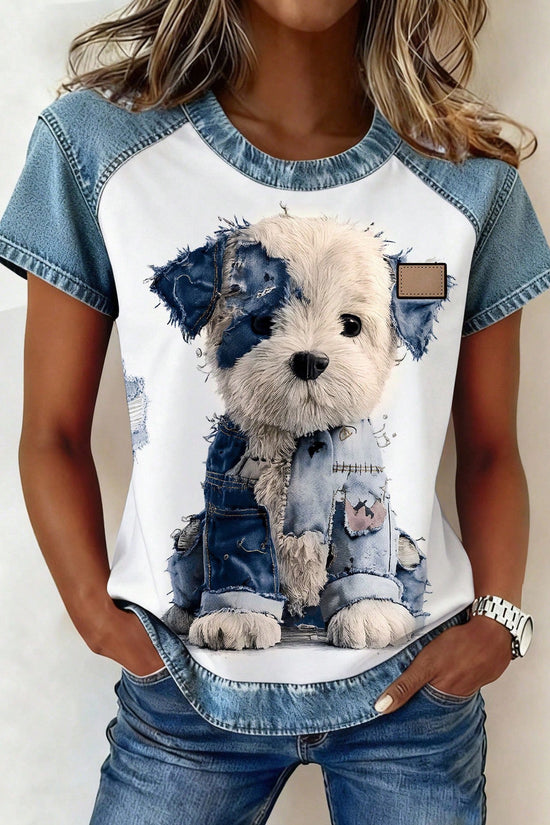 Women's Retro Denim Patchwork Short-Sleeve Shirt – Loose Fit 