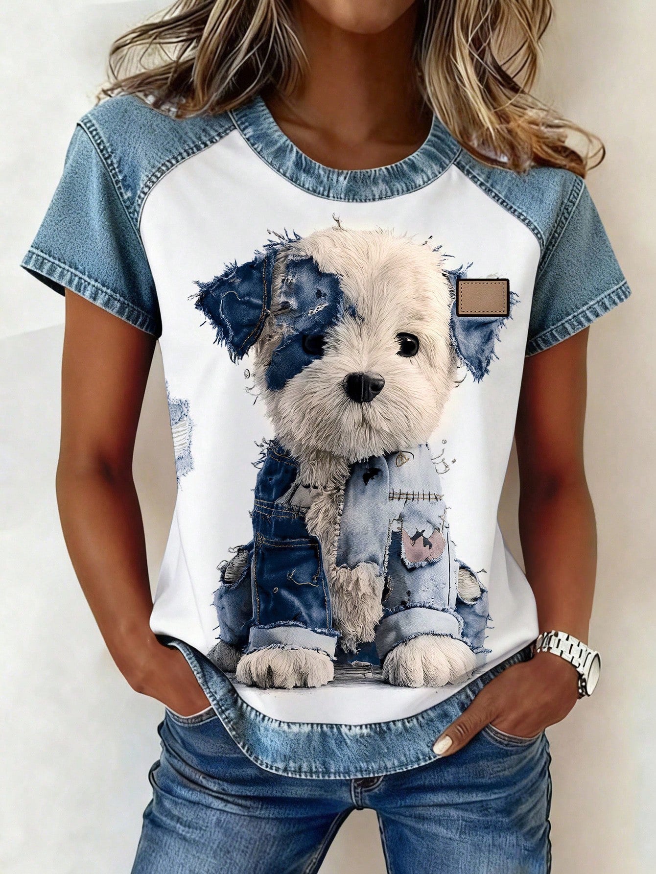 Women's Retro Denim Patchwork Short-Sleeve Shirt – Loose Fit 