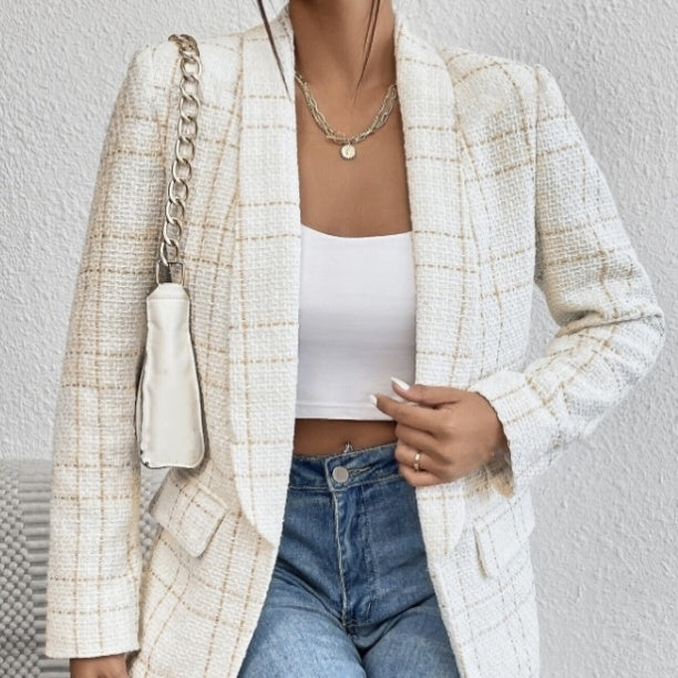 Ladies' Solid Color Linen Fake Pocket Design Fashionable Suit Jacket CJ