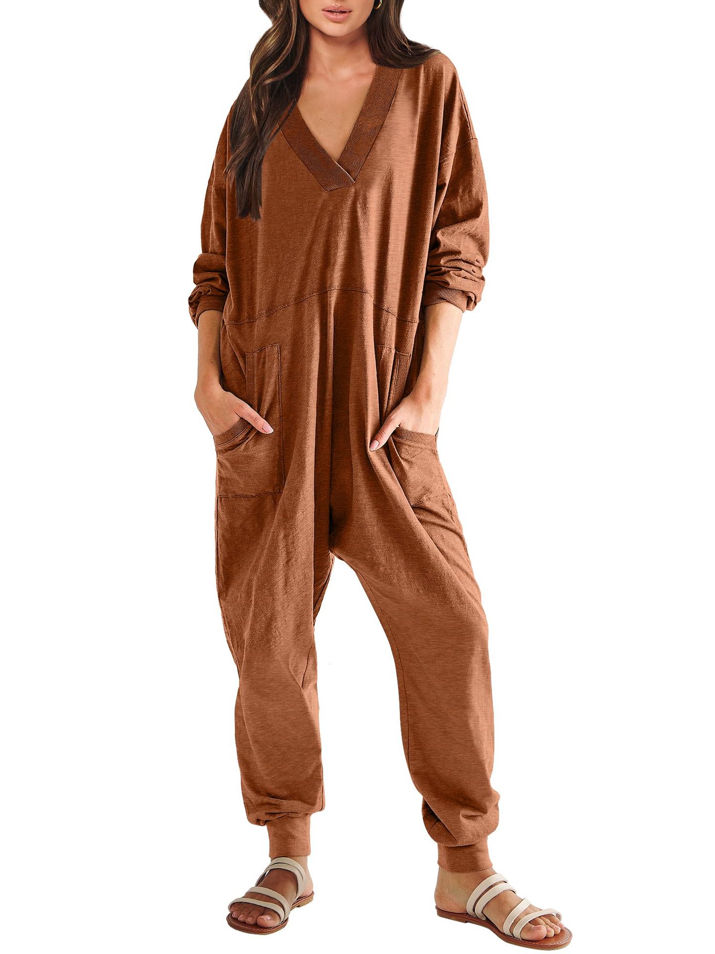 Women's V-neck Long Sleeve Solid Color Loose Jumpsuit With Two Side Pockets 