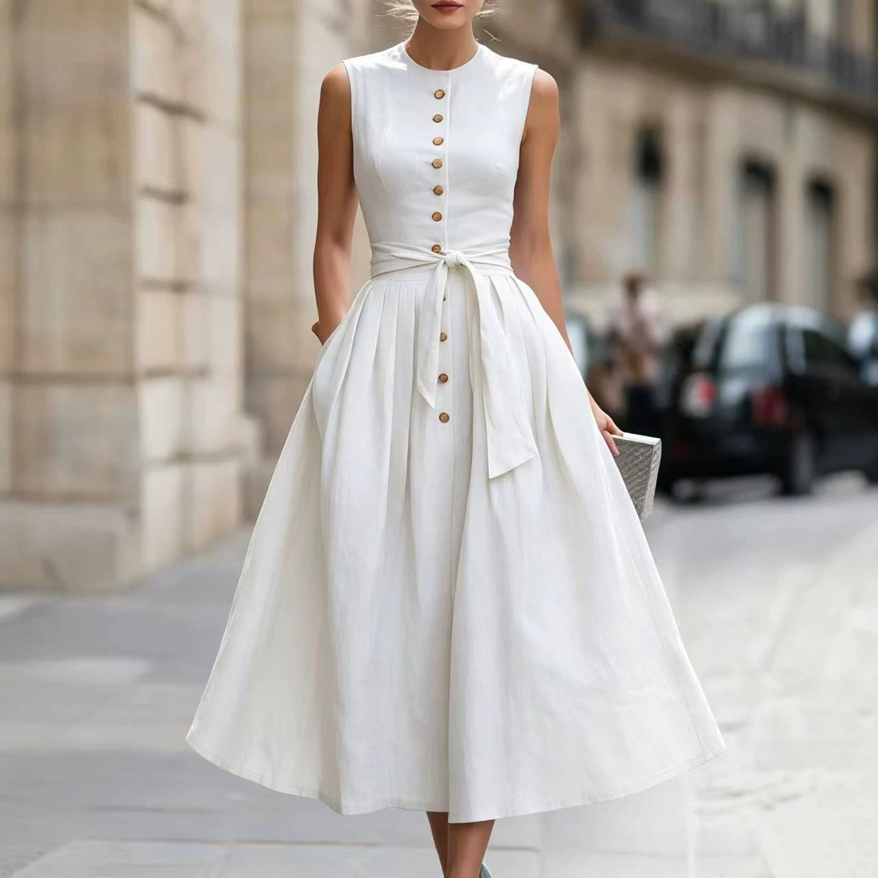 Fitted-waist, Sleeveless Cotton-linen Solid-color Maxi Dress 