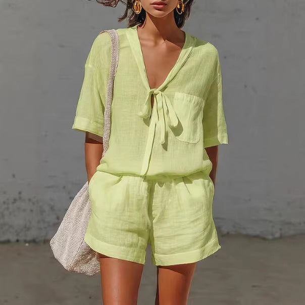 Summer New Solid Color Casual Cardigan Lace-up Short-sleeve Shirt Loose Shorts Set For Women 