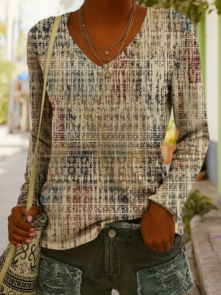 Fashionable Ethnic-Style Printed V-Neck Long-Sleeve T-Shirt 