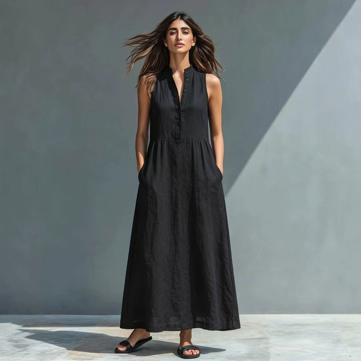 Resort-style Stand-collar Maxi Dress 