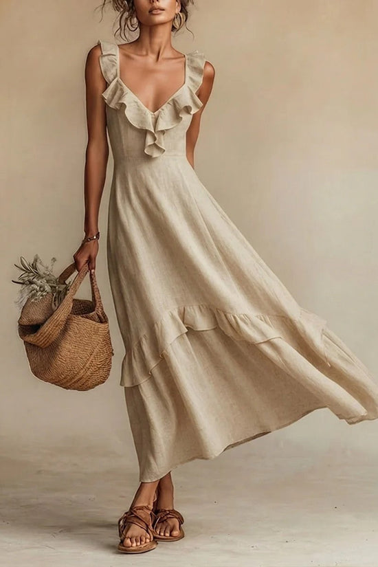 Elegant And Chic Cotton-Linen Dress With Ruffled Flutter Sleeves And A Flowing Hem 